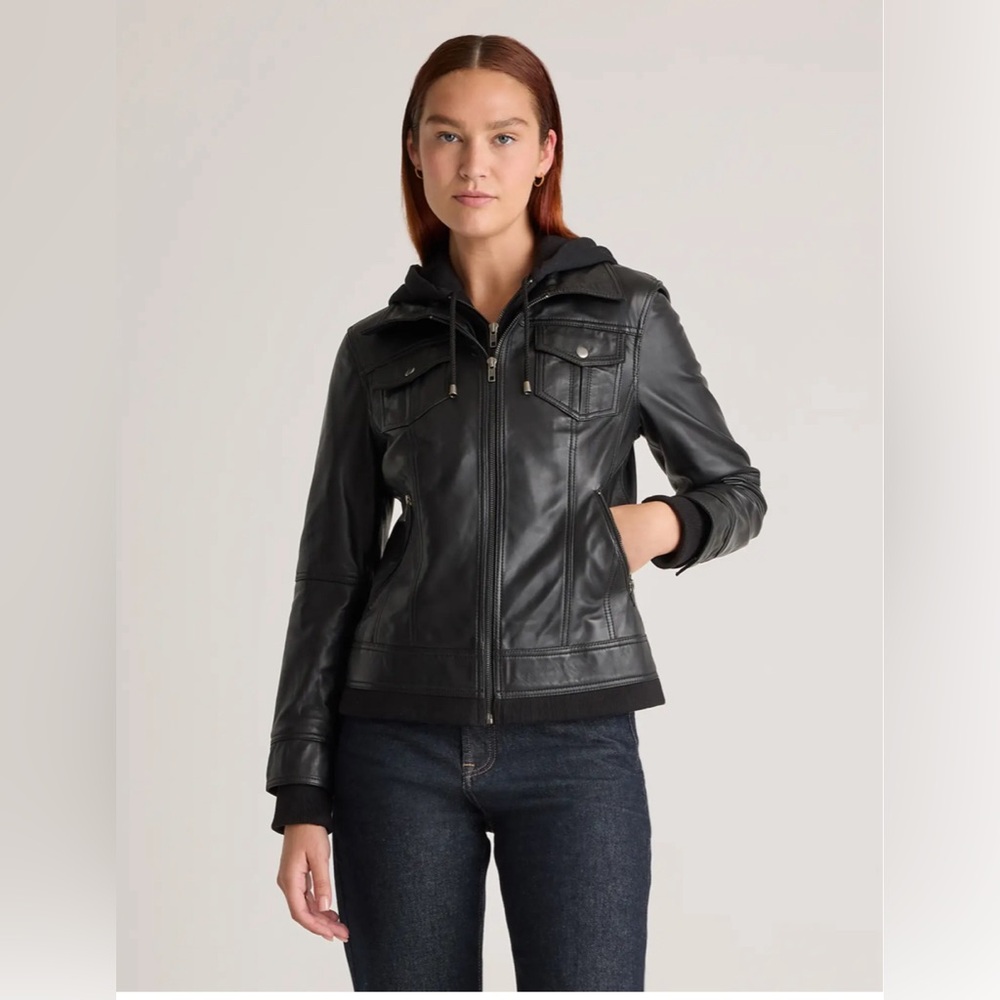 Leather jacket with removable hood